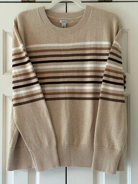 NWOT L. L. Bean's Women's  Tan & Brown Cotton Cashmere Crew Neck  Sweater Sz L